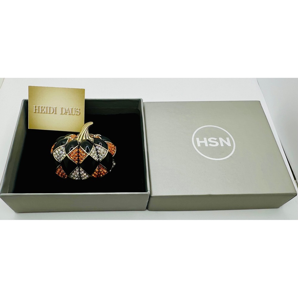 Heidi Daus Harlequin Pumpkin Brooch Black Enamel Orange Crystal Fall Pin Boxed